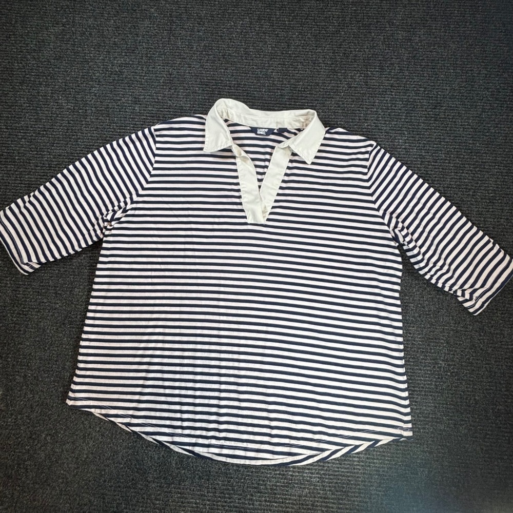 Lands End Womens 2X Navy Blue White Striped Cotton V-Neck Polo Shirt 3/4 Sleeve
